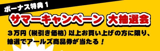 ボーナス特典1 サマーキャンペーン 大抽選会 3万円(税引き価格)以上お買い上げの方に限り、抽選でアールズ商品券が当たる!