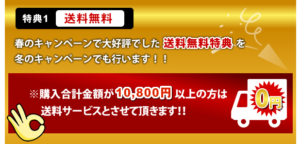 キャンペーン特典:送料無料 春のキャンペーンで大好評でした送料無料特典を冬のキャンペーンでも行います!!※購入合計金額が10800円以上の方は送料サービスとさせて頂きます!!